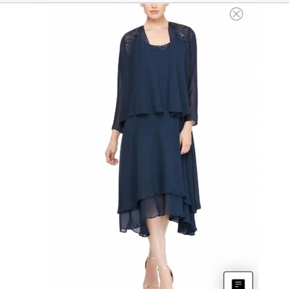 SLNY Beaded Detail Chiffon Tiered Scoop Neck Midi Dress Two Piece Set w/ Jacket - Picture 13 of 16